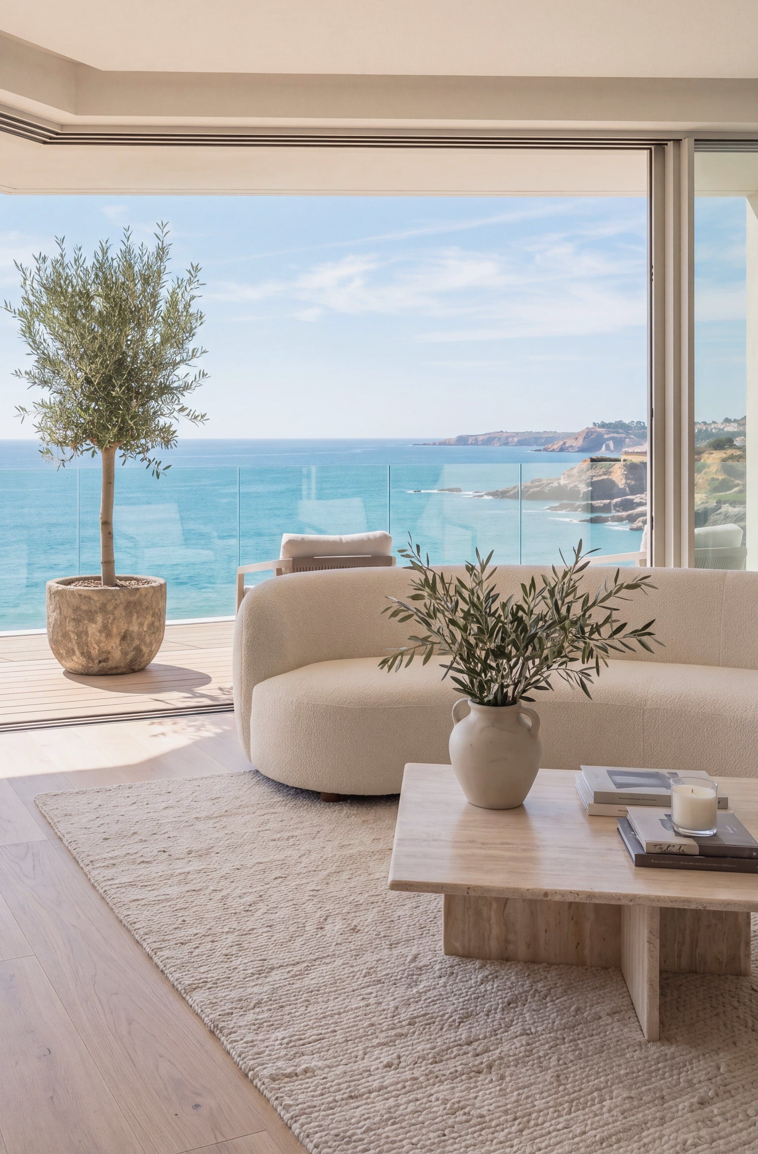Sala de um apartamento com janelas abertas para o mar, sofá claro e oliveira no terraço