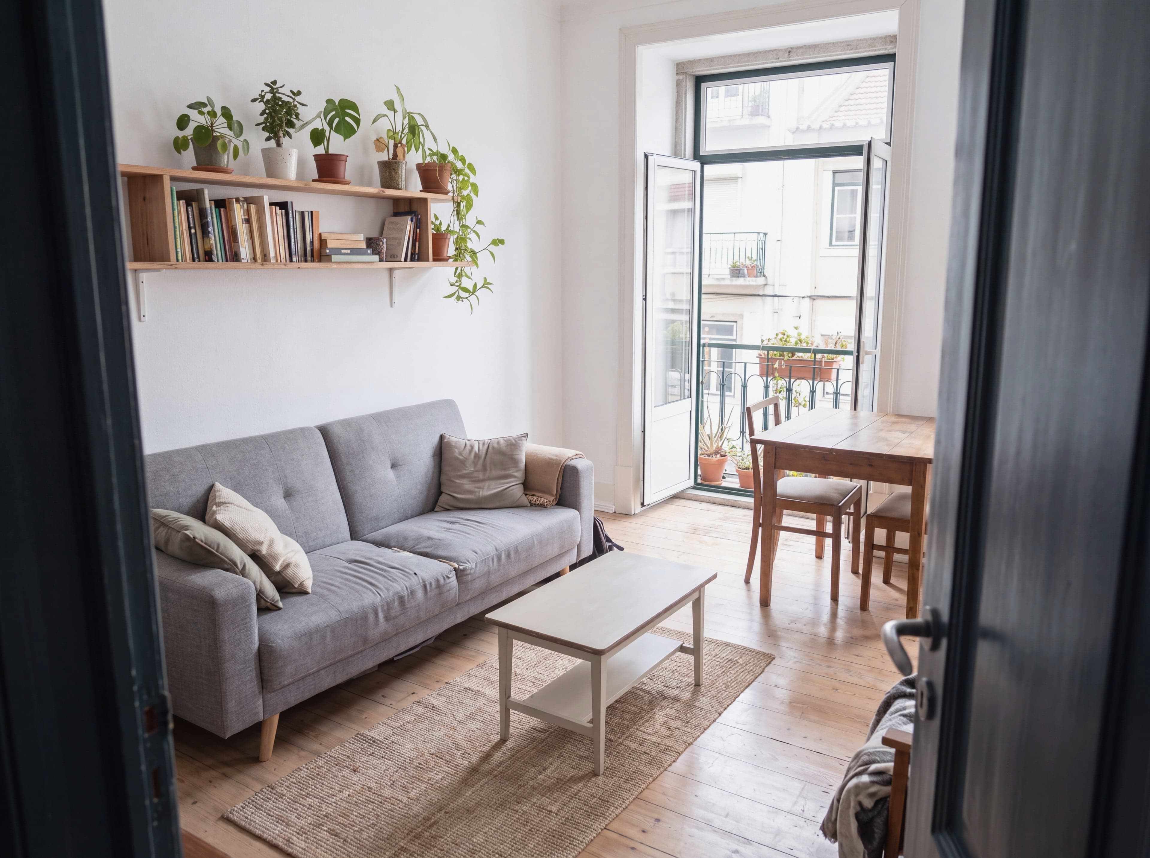 Sala de um apartamento luminoso, mobilada e pronta a habitar