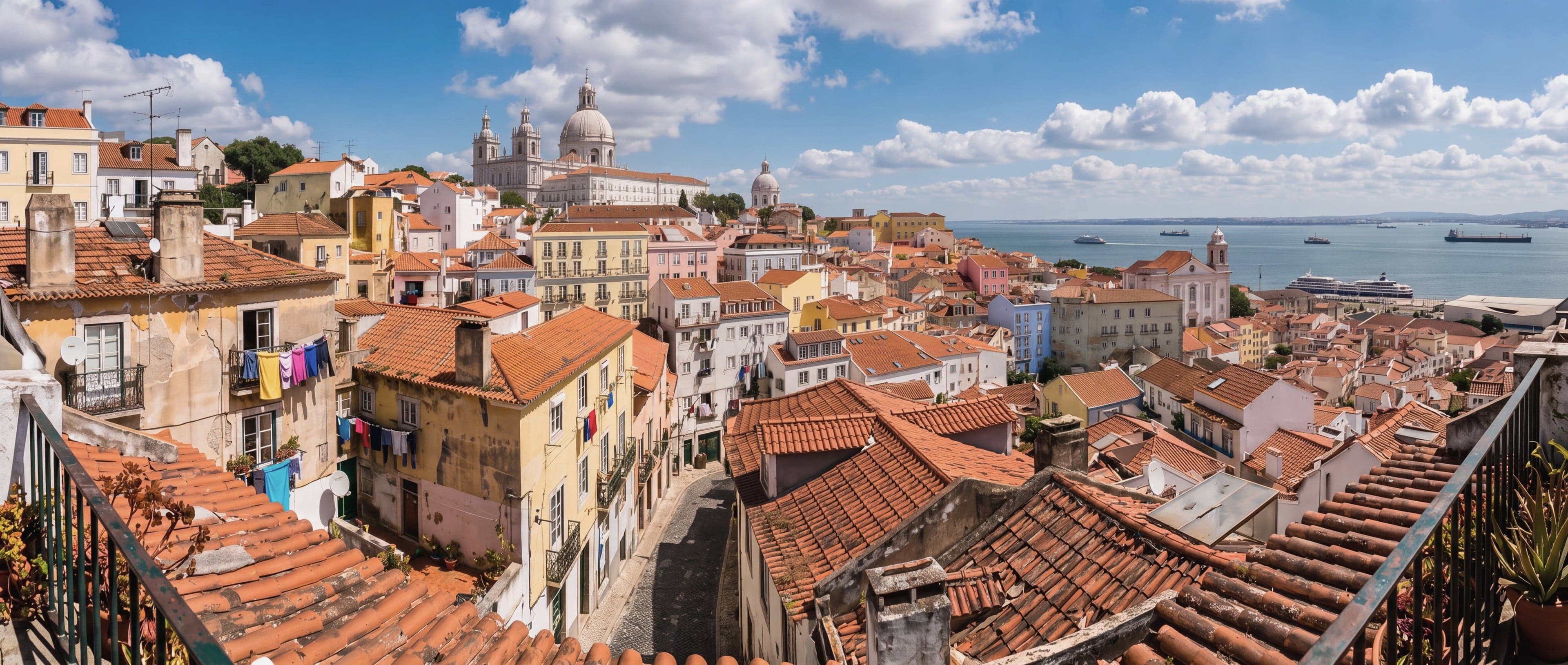 Vista sobre os telhados coloridos de Lisboa até ao rio Tejo, num dia de sol