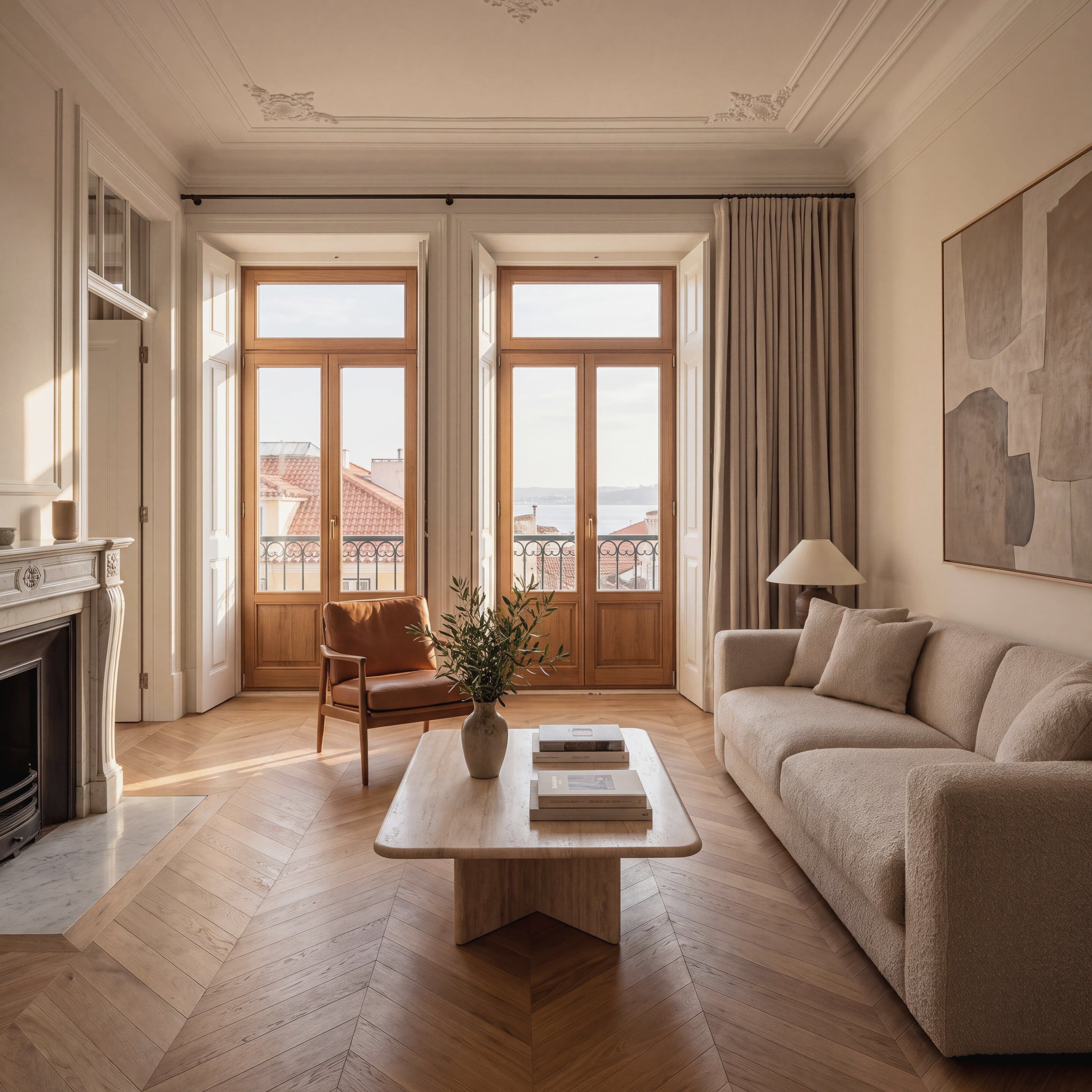 Sala de um apartamento clássico de Lisboa ao fim da tarde, com portadas abertas para os telhados, lareira de mármore e sofá claro
